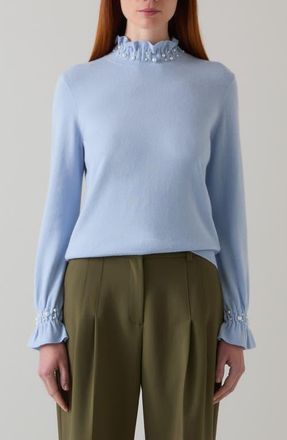 L.k. Bennett Vera Faux Pearl Accent Ruffle Sweater in Blue Multi at Nordstrom, Size Medium