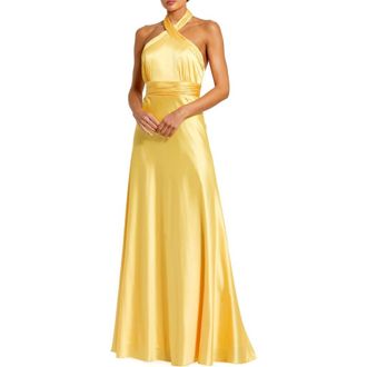 Mac Duggal Ruched Halter Neck Tie Back Satin Gown in Lemon at Nordstrom, Size 6