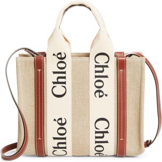 Chlo&eacute; Small Woody Logo Strap Linen Tote in White - Brown at Nordstrom