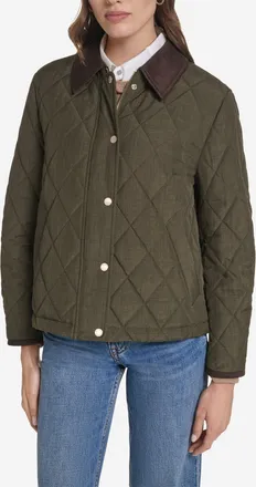 Cole Haan Womens Cross-Hatch Quilt Cropped Jacket - Green Size Medium