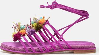 Stuart Weitzman Pink Suede Embellished Lace Up Slide Flats