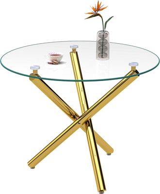 STILVORA Mesa De Comedor Redonda En Vidrio Y Metal Con Superficie De Vidrio Templado, Patas Cruzadas Y Almohadillas Ajustables - 80&times;80&times;77 Cm, Dorado