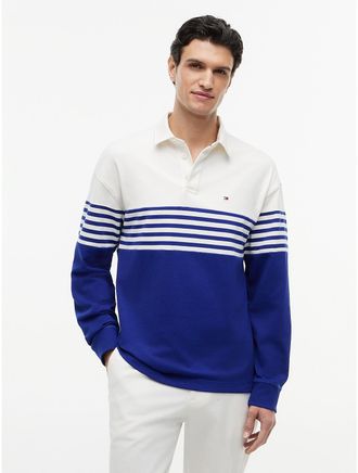 Tommy Hilfiger Mens Relaxed Fit Long-Sleeve Colorblock Polo - Blue - XXXL