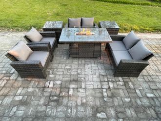 Fimous Wicker PE Rattan Garden Furniture Sets Patio Outdoor Gas Firepit Dining Table Heater Set with Double Seat Sofa in Dark Grey