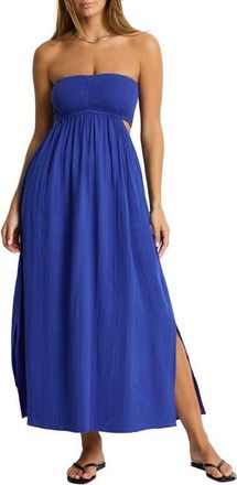 Sea Level Australia Smocked Bodice Cotton Seersucker Cover-Up Dress in Amalfi Blue at Nordstrom, Size X-Small