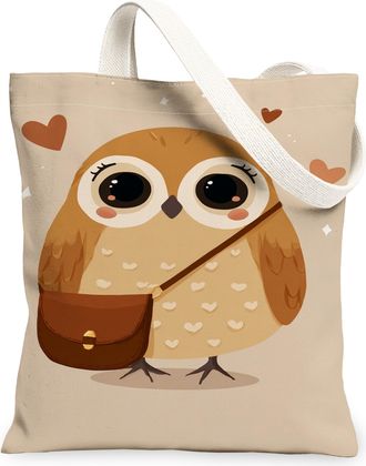 Generic Cute Owl Canvas Tote Bags, Fanciful Animal Pattern Reusable Shopping Bags, Lightweight Washable Shoulder Strap Canvas for T, Beige, 13x15 Inch