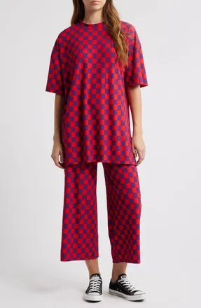 Dressed in Lala Lex Ribbed Oversize T-Shirt & High Waist Crop Pants Set in Red/Purple at Nordstrom, Size X-Large