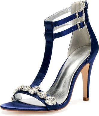 Generic Wedding Shoes High Heels Women Bridal Stiletto Heels Open Toe Heeled Sandals for Dressy Wedding Party 10.5Cm,Dark Blue,6 UK