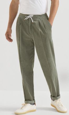 Brunello Cucinelli Garment-dyed trousers in cotton narrow wale corduroy with drawstring and double pleats in Military at Nordstrom, Size 50