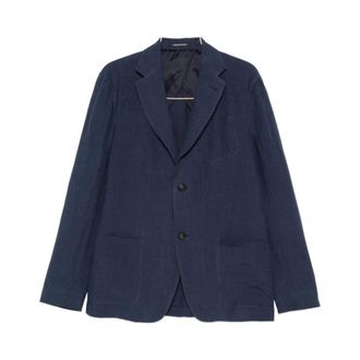 Emporio Armani Blazers, male, Blue, Size: 3XL Single-breasted Jacket in Faded Linen