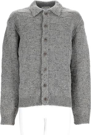 Ymc You Must Create Grey Checkered Button-Up Merino Wool Cardigan