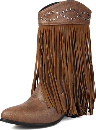 Generic Womens Fringe Mid-Calf Boots with Rivet Round Toe PU Leather Short Boots Mid Chunky Heel Booties,Brown,4.5 UK