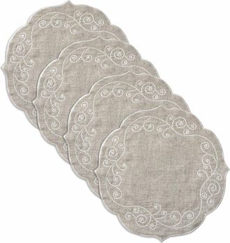 Lenox Set Of 4 French Perle Linen Embroidered Round Placemats