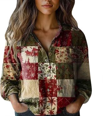 Generic Womens Dress Shirts Button Down 2025 Business Tops Women Cotton Shirt Printed Fashion Button Down Shirts Casual Tops Long Sleeve Blouse V Neck Distres