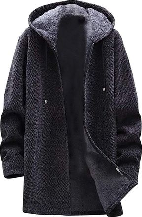 Generic Zip up Hoodies for Men Comfy Fleece Lined Thermal Cozy Cardigans Soft Mid-Length Winter Coat Solid Color Windbreaker Warm Hooded Mens Overcoat Drawstr