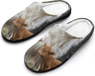 Generic Highland Cow Family Cotton Womens Slip-on Slippers Winter Warm House Shoes with Rubber Sole for Home Office Hotel