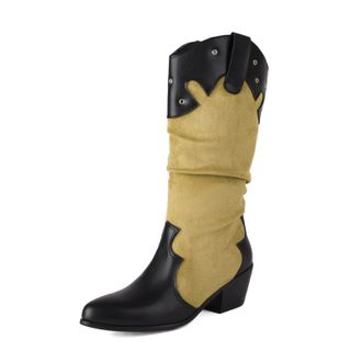 Generic Womens Slouch Cowboy Boots Two-Tone Suede-Like Fabric Pointed Toe Block Heels Metal Stud Detail Pull Tab Stylish Durable Design,Green,6.5 UK