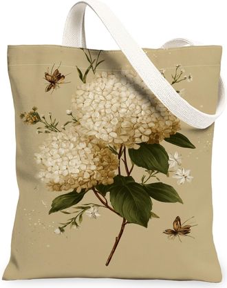 Generic Floral Canvas Tote Bags, Vintage Flower Design Reusable Grocery Bags, Lightweight Washable Shoulder Strap Canvas for Outdoo, Beige, 13x15 Inch
