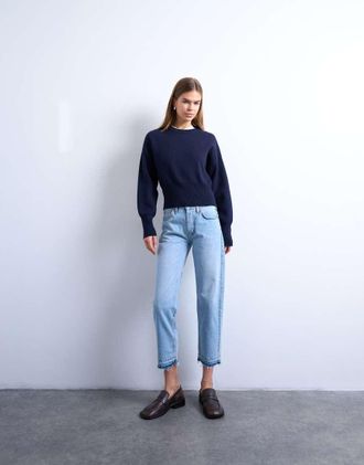 Topshop Runway - Jeans dritti alla caviglia a vita medio alta candeggiati con orlo scucito-Blu