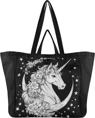 Generic White Unicorn Stars pattern Reusable Canvas Tote Bag, Heavy Duty Grocery Shopping Bag with Hard Bottom Large Capacity Double Handles Work Groceries Tr