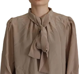 Dolce & Gabbana Womens Brown Waistband Sleeves Ascot Collar Top Blouse Silk