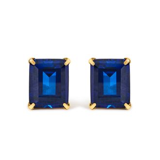 House of Brilliance 18K Yellow Gold 10x8 MM Lab Created Blue Sapphire Emerald Cut Solitaire Stud Earrings