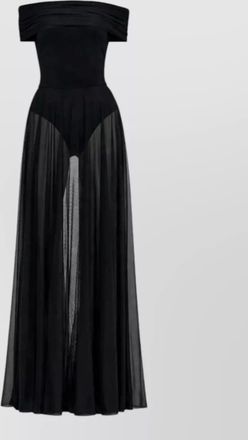 Norma Kamali off shoulder floor length dress sheer overlay