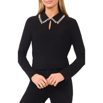 CeCe by Cynthia Steffe Faux Pearl & Rhinestone Detail Knit Top in Rich Black at Nordstrom, Size X-Large