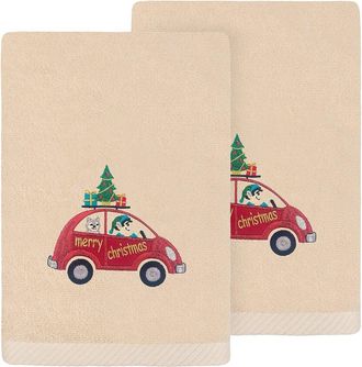 Linum Home Textiles Set Of 2 Christmas Car Embroidered Luxury 100% Turkish Cotton Hand Towels