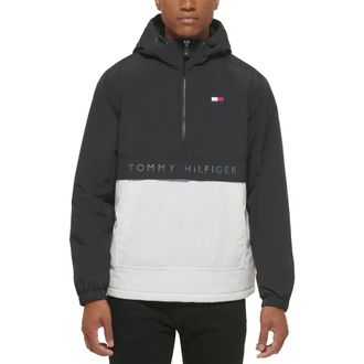Tommy Hilfiger Mens Performance Fleece Lined Hooded Popover Jacket, Black/White, XXL