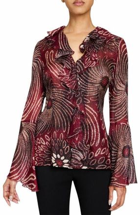 Santorelli SYDNEY Long Sleeve Button Down Blouse with Ruffles in Silk Modern Gingham Floral Print in Cherry Cola at Nordstrom, Size 2