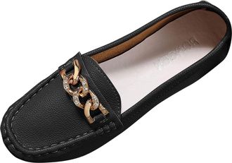 Generic Ladies Loafer Shoes Flat Heel Casual Womens Loafers Stylish Round Toe Metal Chain Breathable Comfortable Slip On Shoes Classic Daily Black
