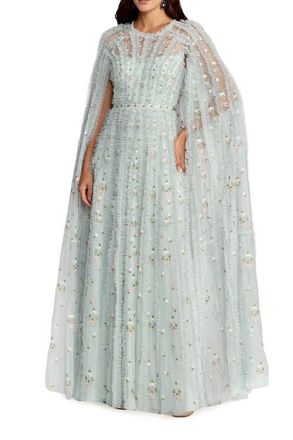 Mac Duggal Embroidered Cape Sleeve Ruffle Detail Tulle Gown in Seafoam Multi at Nordstrom, Size 14