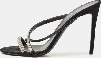 Giuseppe Zanotti Black Leather And Suede Crystal Embellished Slide Sandals