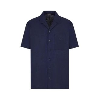 Emporio Armani Kortmouw Linnenmix Shirt - Heren - Korte mouwen Overhemden - Blauw - L - Linnen - Overhemden