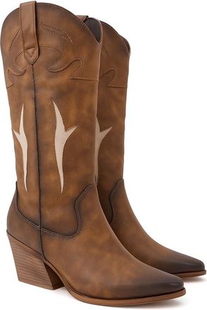 Yoki GAYLE-34 Womens Cowgirl Boots - Western Knee High Cowboy Boots Women with Pointed Toe, Block Heel Pull-On Design, Brown, 4.5 UK