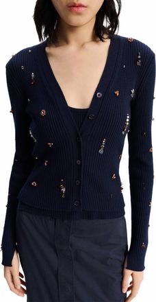 Dorothee Schumacher Embellished Merino Long Sleeve Twinset Cardigan In Blue Coral