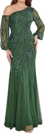 Adrianna Papell Beaded One Shoulder Gown In Hunter Green