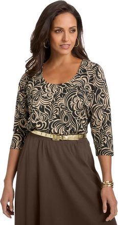 Jessica London Stretch Cotton Scoop Neck Tee in Khaki Scroll at Nordstrom, Size 28