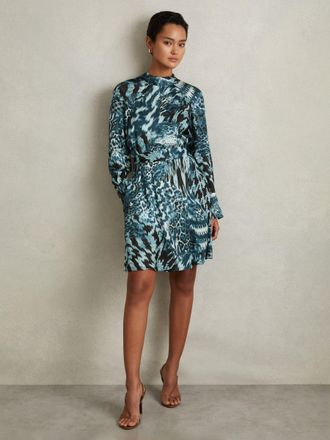 Reiss Womens Green & White Animal Print Belted Tie Neck Mini Dress, Size: 16