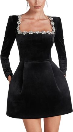 Generic Summer Dress Women Short Elegant Wedding Guest Square Neck Long Sleeve A-Line Flare Formal Gowns -Graduation Birthday Party,Black,S