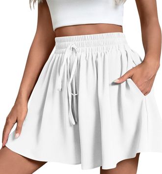 Generic Ladies Shorts Culottes Shorts For Women UK Wide Leg Elastic Waist Running Short Womens Drawstring Knee Length Summer Pants Workout Golf Yoga Tennis Sk