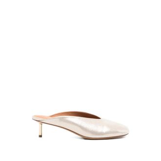 Forte_Forte Heeled Mules, female, Beige, Size: 11 US Laminated Leather Mules with Metallic Heel
