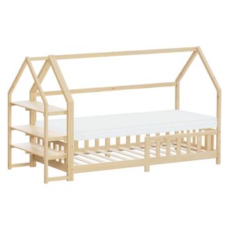 ML Design Ml-design Cama Infantil 90x200cm Natural, Con Colch&oacute;n Al:10cm, Protecci&oacute;n Antica&iacute;da, Techo Y Somier, Listones De Madera De Maciza De Pino Lecho Montes