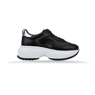 Hogan Sneakers, female, Black, Size: 8 1/2 US Leather Sneakers with Rhinestones and Glitter Laces