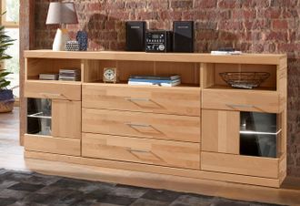HOME AFFAIRE Sideboard »Ribe,180cm breit, Fronten Massivholz,7 Fächer,Böden versetzbar« Korpus Holzwerkstoff,Türen mit Glaseinsatz,3 breite Schubladen