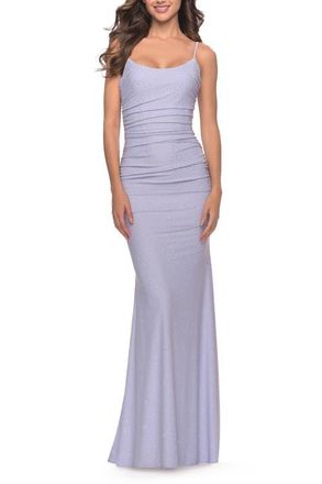 La Femme Jeweled Modified Scoop Neck Jersey Dress with Open Back in Bright Colors in Light Periwinkle at Nordstrom, Size 12