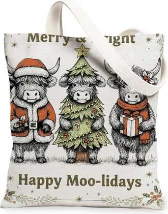 Generic Christmas Cow Canvas Tote Bags, Cute Animal Design Reusable Grocery Bags, Winter Rustic Lightweight Washable Shoulder Strap, Beige, 13x15 Inch