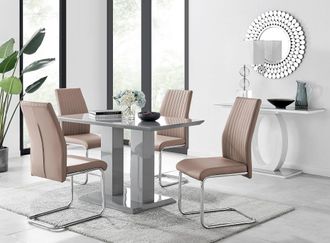 Furniturebox Imperia Grey High Gloss 4 Seater Dining Table with Structural 2 Plinth Column Legs 4 Soft Faux Leather Lorenzo Chairs in Beige