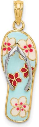 Diamond2Deal 14k Yellow Gold Rhodium 3D Enamel Fuschia White Flowers On Aqua Flip-Flop Charm